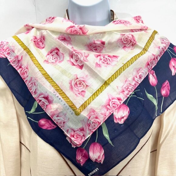 (2) Unused Perry Ellis & Renoma Mini Scarf/handker cottonPink Blue Floral-18"(11 - Picture 2 of 12